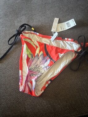 Trina Turk Red Floral Tie-Side Bikini Bottom with Black Ties sz 4 nwt